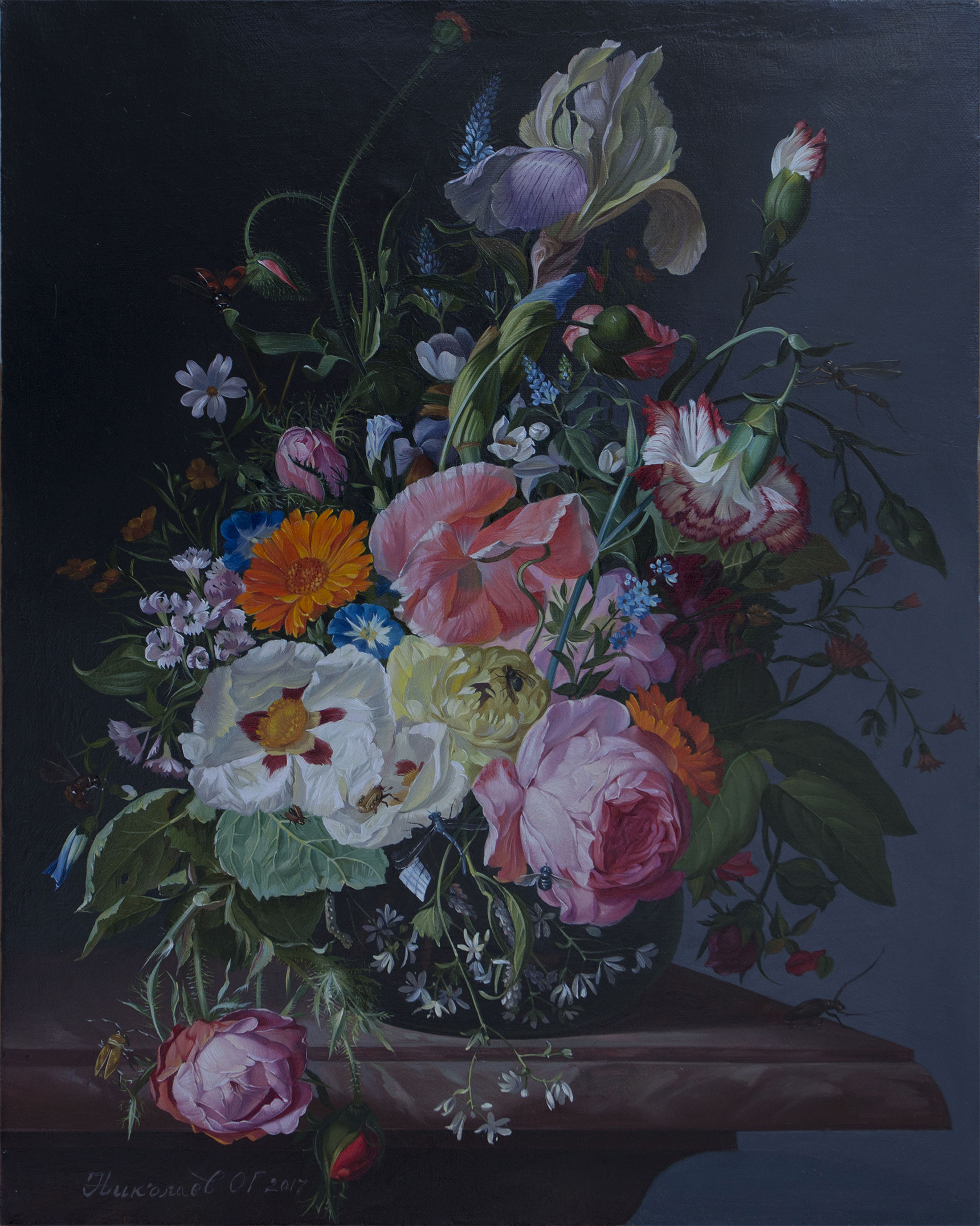 Rachel Ruysh. Still Life With Flowers On A Marble Tabletop - 1,  奥列格*尼古拉耶夫, 买画 油