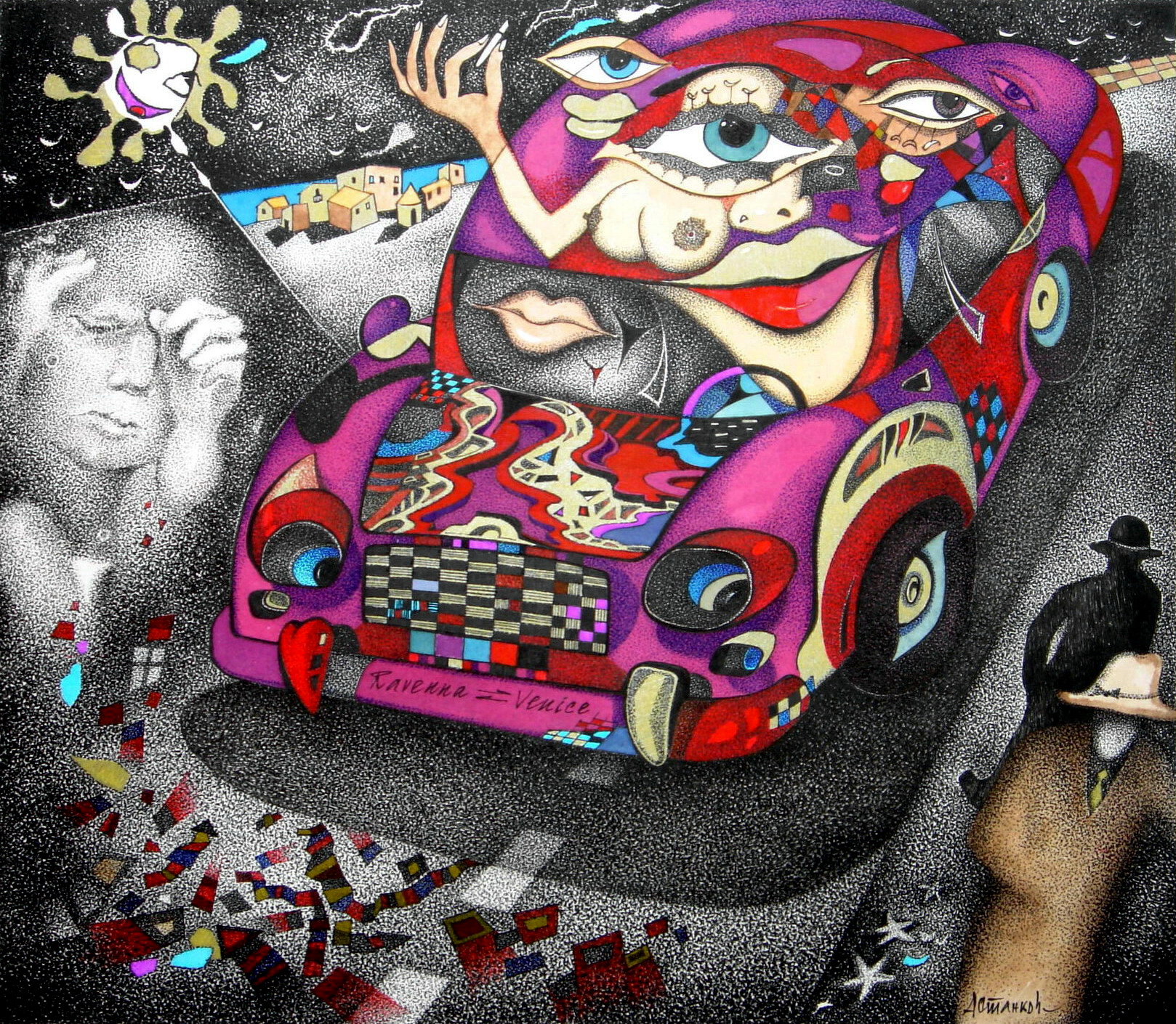 性格开朗的女士在车里 - 1, 亚历山大Astankov, 买画 混合媒体