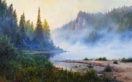 Chusovaya河上有雾的黎明