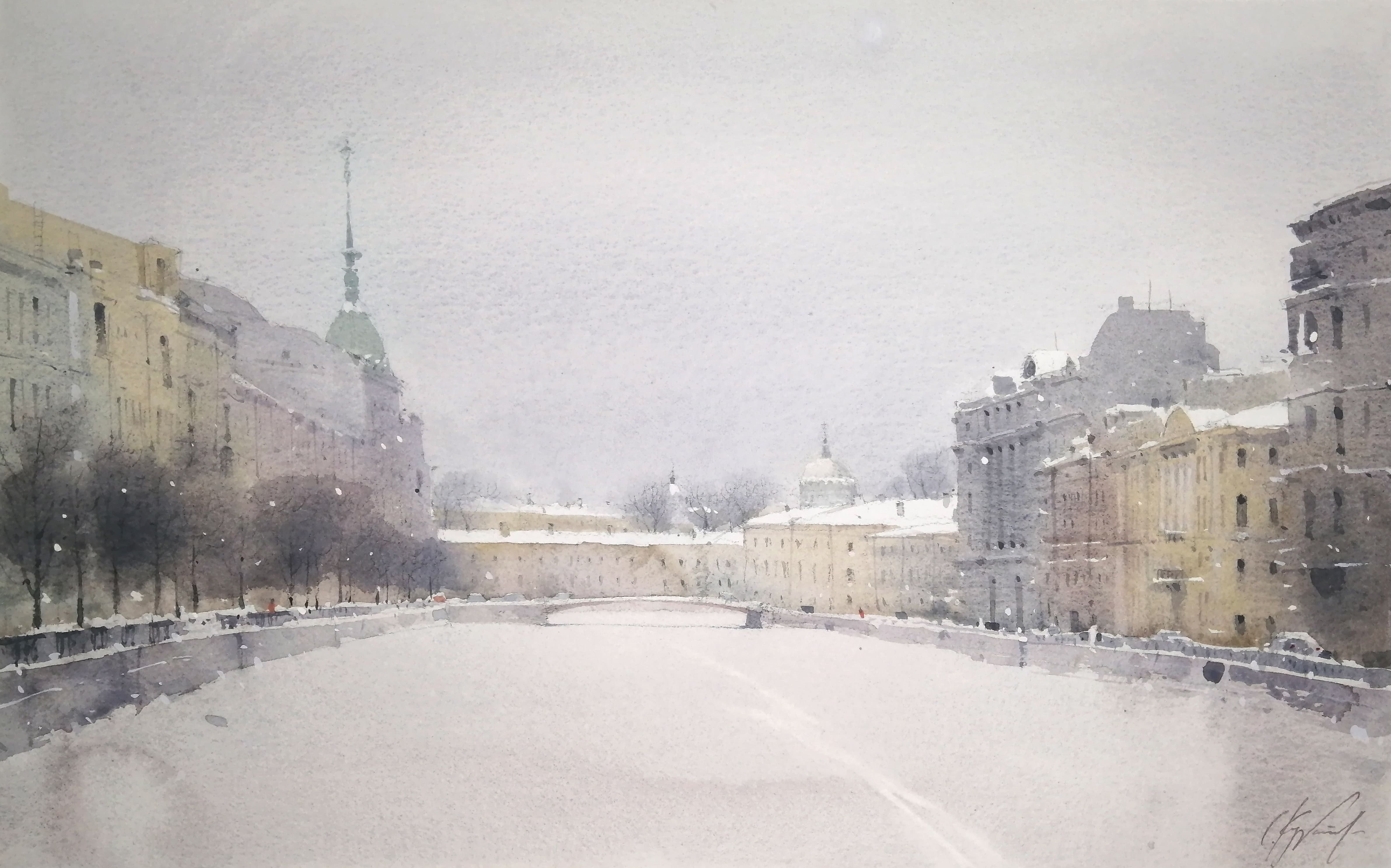 莫伊卡山降雪 - 1, Sergey Kurbatov, 买画 水彩