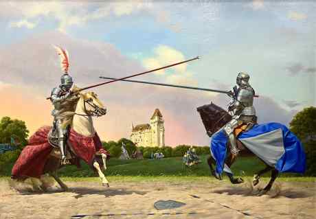 马术比赛的红色和蓝色的骑士